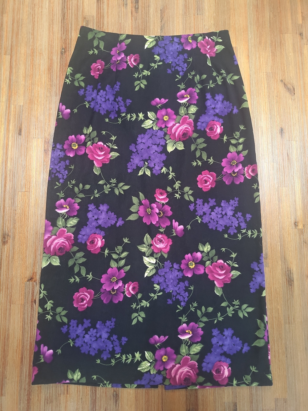 Vintage Briggs Midi Skirt 12 Blk Purple Floral 31.5"W Career Cottage Whimsigoth